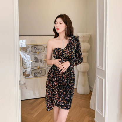 DOLLY Luxury White Sequined Slant Collar Off Shoulder Long Sleeve Dinner Dress-KAKA