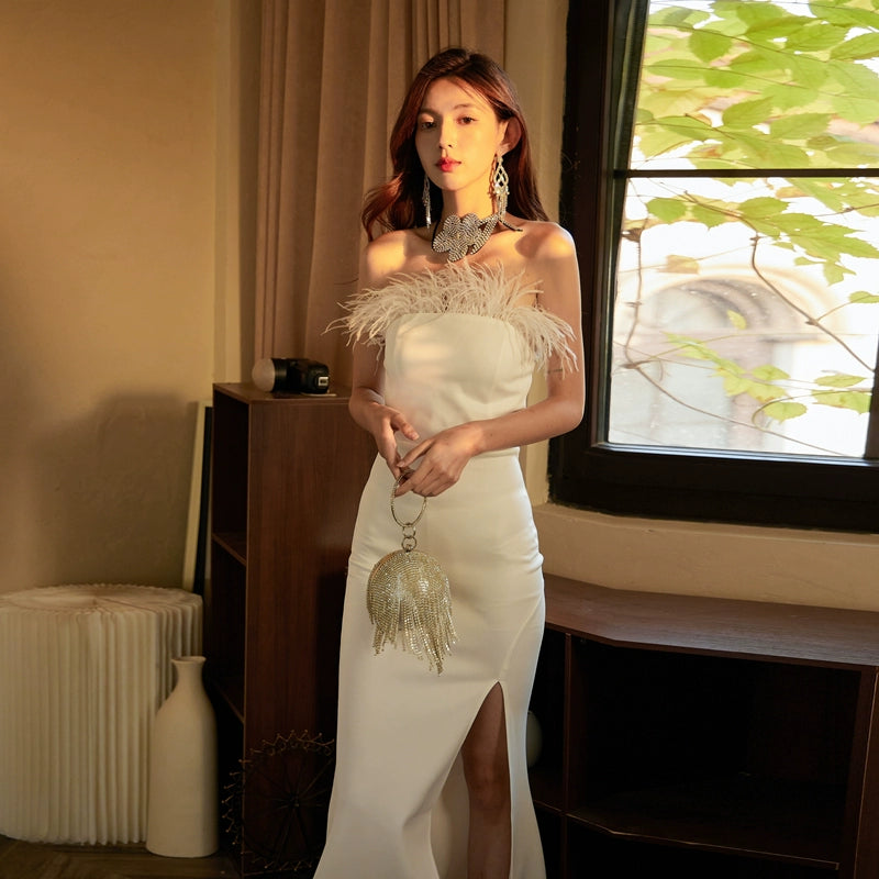 DOLLY Elegant Off Shoulder Feather Tube Top Long Slit Banquet Dress-GALE