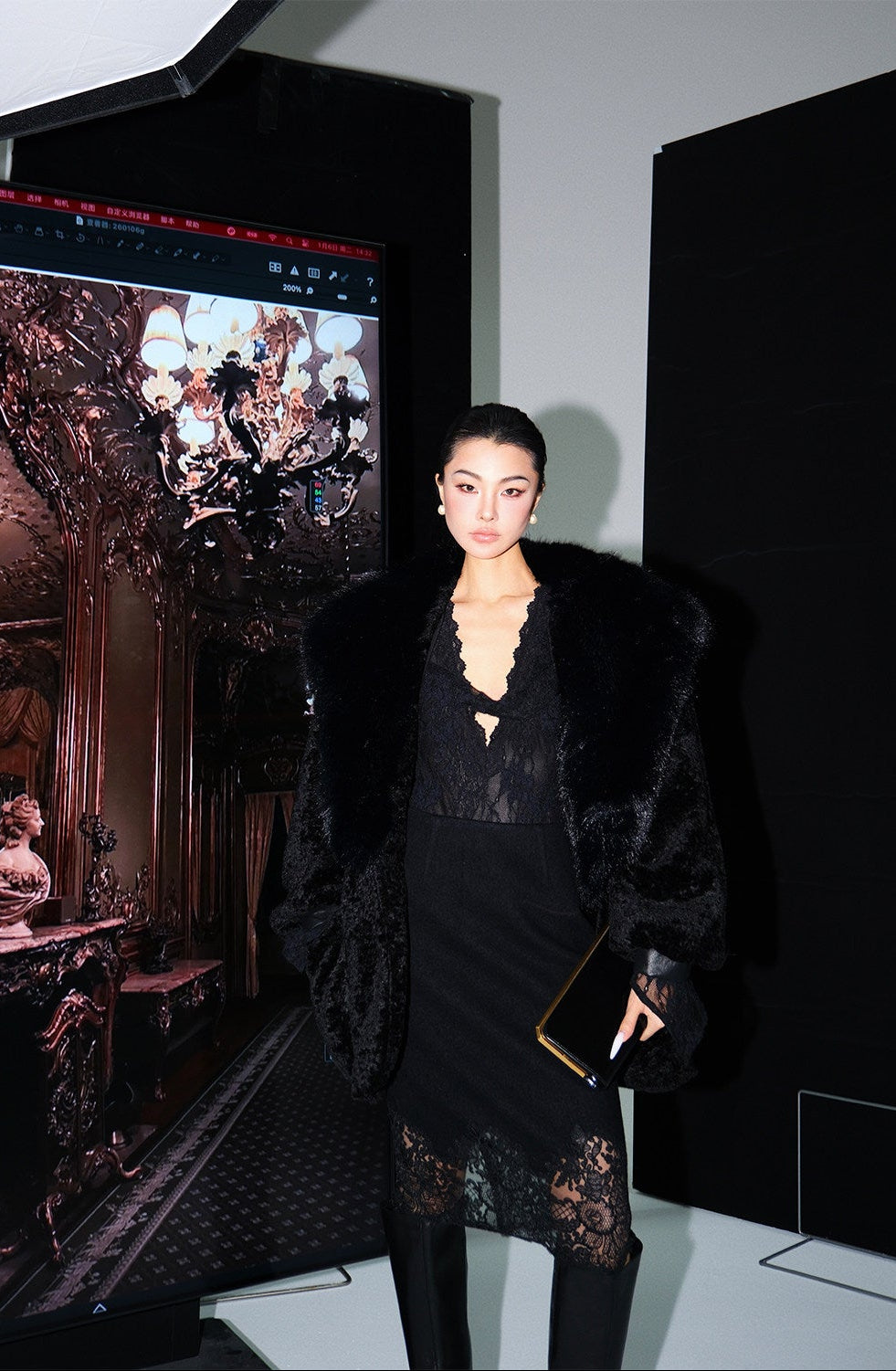 MEI SANGUAN black fur collar cocoon-type mid-length jacket - ADRIAN
