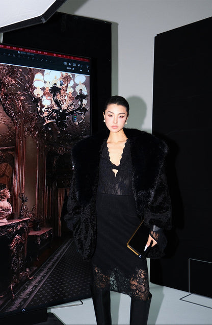 MEI SANGUAN black fur collar cocoon-type mid-length jacket - ADRIAN