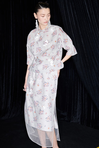 M essential Ma Kay designer Jinghe printed fabric floral nail beads top - JULY.