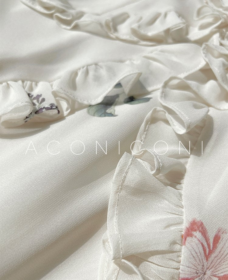 Aconiconi Luxury French Floral Print Slim Fit Hip Hug Dinner Dress- Primrose Whisper