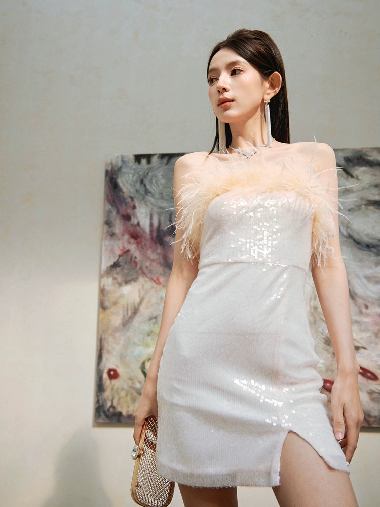 DOLLY High End Off White Feather Tube Top Sequin Short Slit Party Dress-PANTI