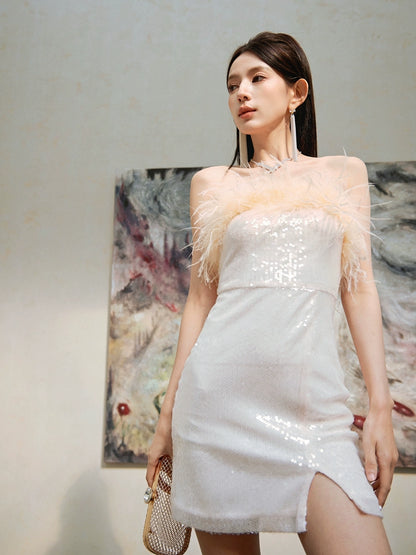 DOLLY High End Off White Feather Tube Top Sequin Short Slit Party Dress-PANTI