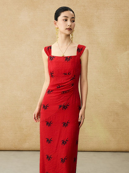 HECO Chinese irregular pleated camisole bamboo leaf print long dress- ROCK .