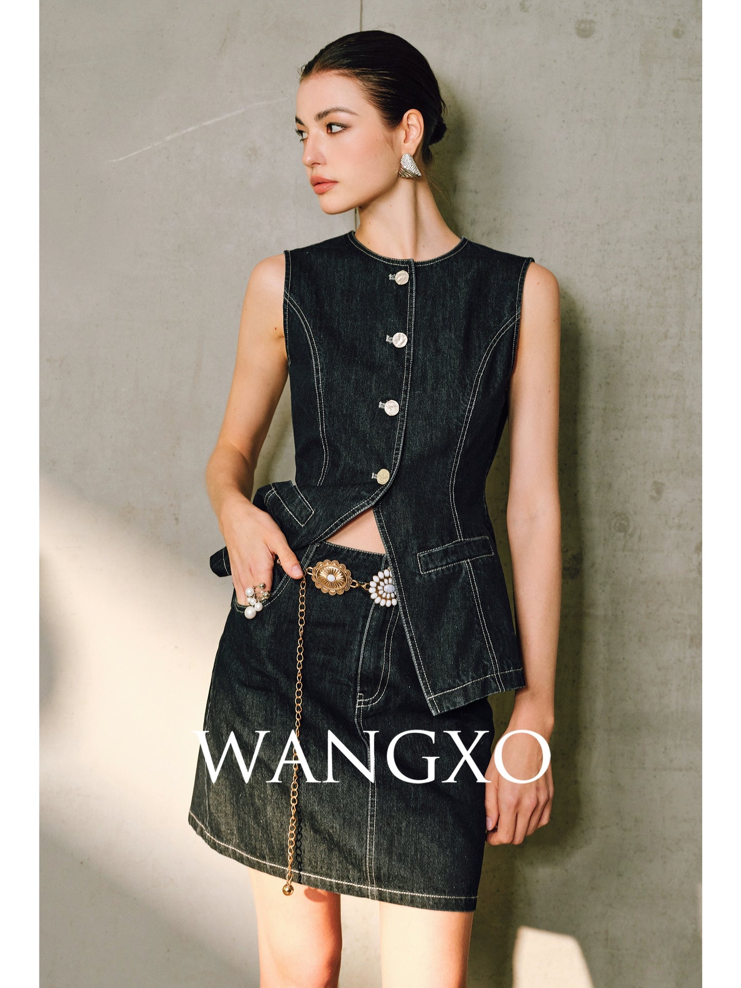 WANGXO | Denim with High-Quality Cotton Blend Waist Contrast Line Denim Vest & Skirt Set -ZIVA