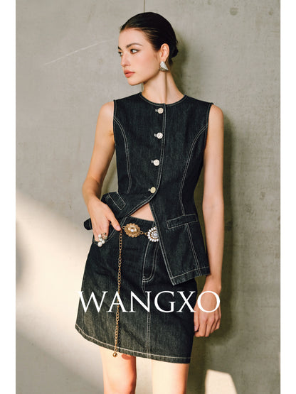 WANGXO | Denim with High-Quality Cotton Blend Waist Contrast Line Denim Vest & Skirt Set -ZIVA