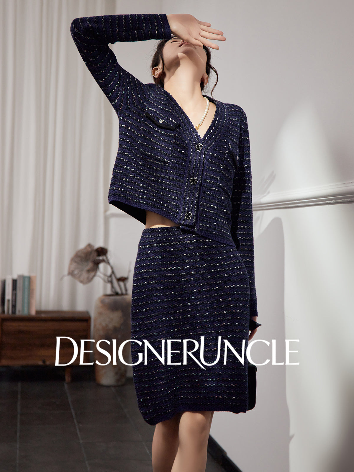 DGU "Ink Room" royal blue new knitted small fragrance temperament versatile two-piece set - Kyle.