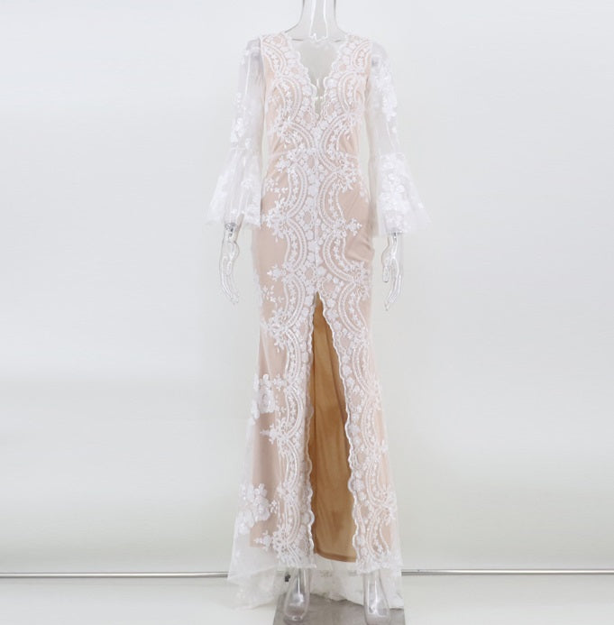 DOLLY Elegant V-Neck Long Sleeve Sequin Hip Flared Fish Tail Banquet Dress-MAY