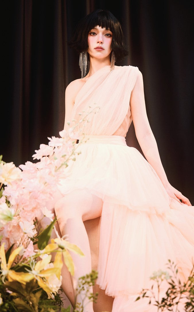 DOLLY Elegant Peach Mesh Off Shoulder Sleeveless High Waist Tutu Dress-MEDUSA  (V)