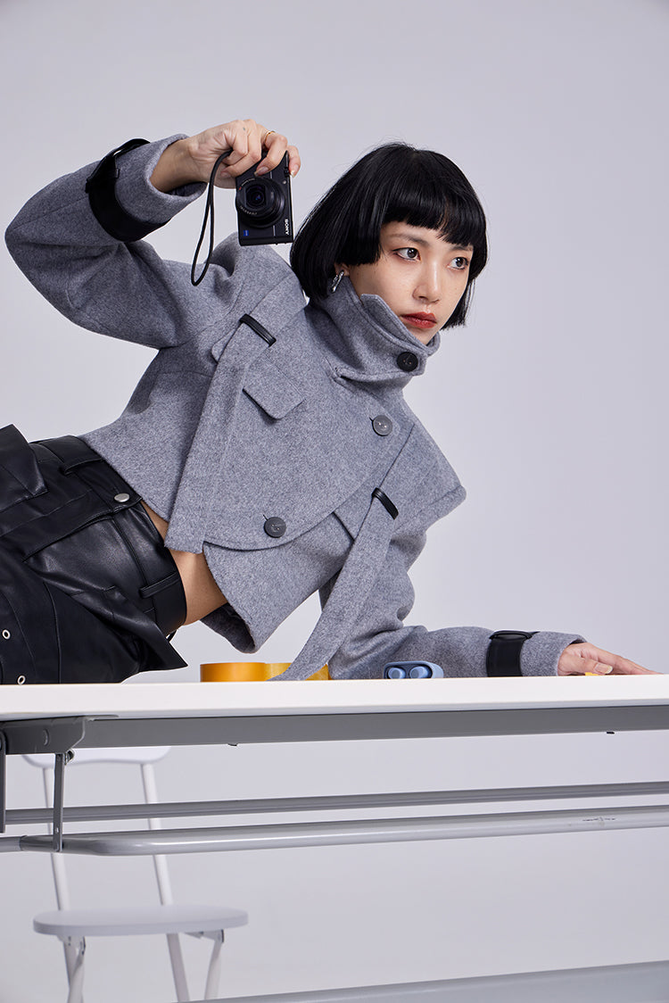 TINY IN leather stitched cropped women's wool jacket -DEKU