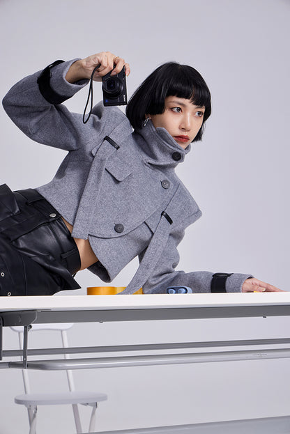 TINY IN leather stitched cropped women's wool jacket -DEKU