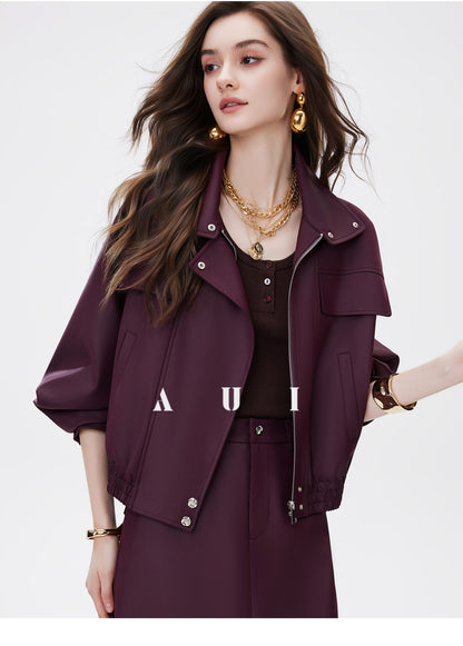 AUI Quiet Luxury Style Stand Collar Jacket Slit A-Line Skirt Two-Piece Set -  Eun Ae!