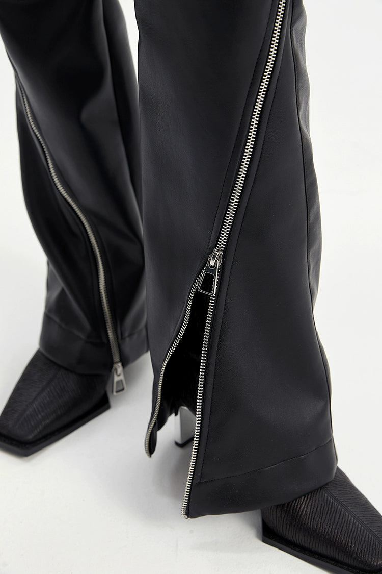 TINY IN zippered flared floor-length leather high waist pants -KON