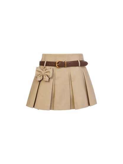 FAME A-line bow ornament pleated brown skirt with belt - ANDY.