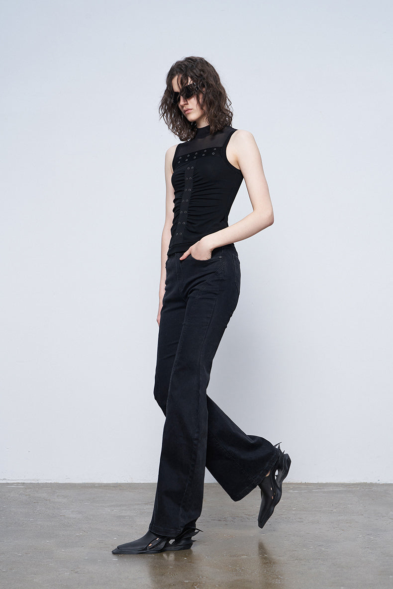 ANNAKIKI Black Wavy Silhouette Slim Denim Wide-Leg Pants-MAPLE