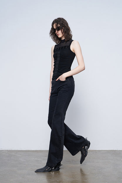 ANNAKIKI Black Wavy Silhouette Slim Denim Wide-Leg Pants-MAPLE