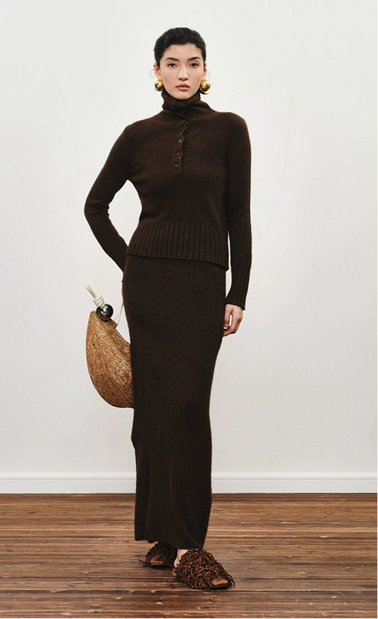 ZHUCHONGYUN Dark brown slim lapel collar knit top-SPIFF.