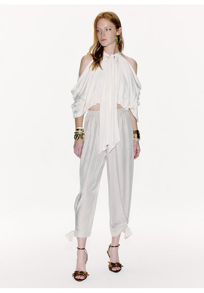ATELIER MISS LU Draped Off-the-Shoulder Streamers Acetate Top - ATTERY