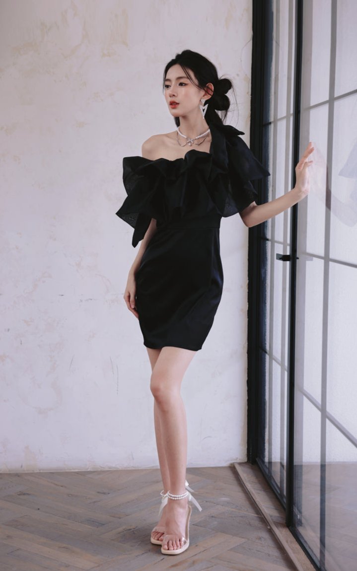 DOLLY Luxury Black Off Shoulder Slim Fit Short Ruffle Dinner Dress-MABEL