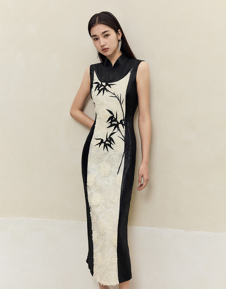 HECO Embroidered Acetate Cheongsam Sleeveless Midi Dress - what.