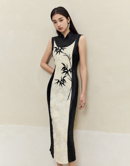 HECO Embroidered Acetate Cheongsam Sleeveless Midi Dress - what.