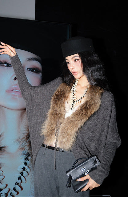 MEI SANGUAN Fur Collar Batwing Wool Sweater- JESSE