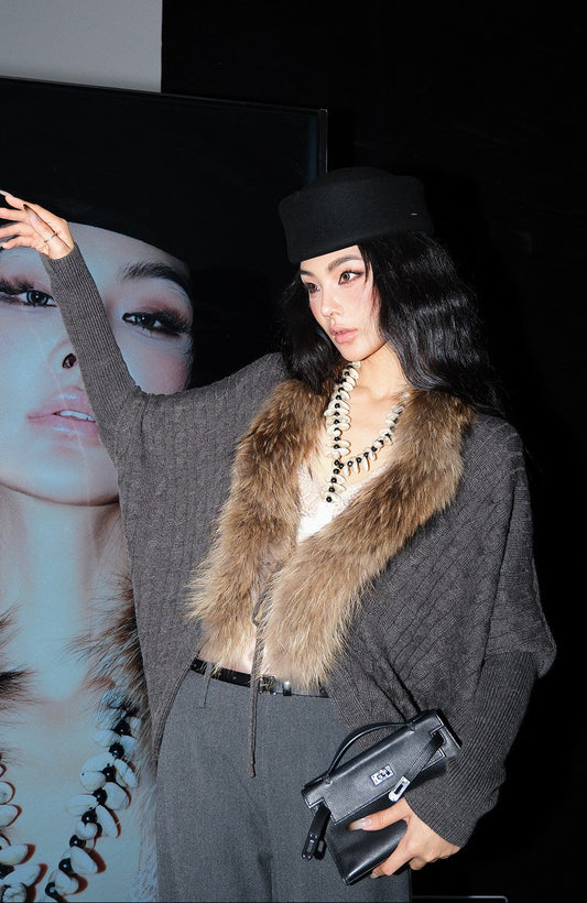MEI SANGUAN Fur Collar Batwing Wool Sweater- JESSE