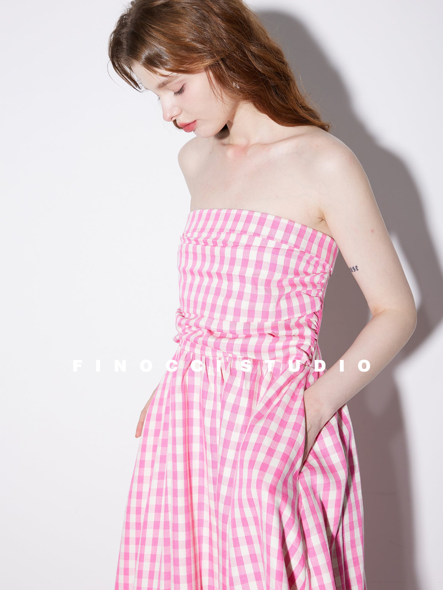 High-end Pink plaid checkered strapless Cotton Bandeau Swing full Dress - Tiila High-end Pink plaid checkered strapless Cotton Bandeau Swing full Dress - Tiila