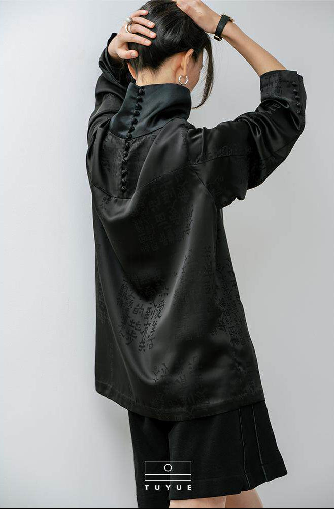 TUYUE Black Acetate Satin Calligraphy Dark Pattern High Neck Long Sleeve Shirt- JOSH.