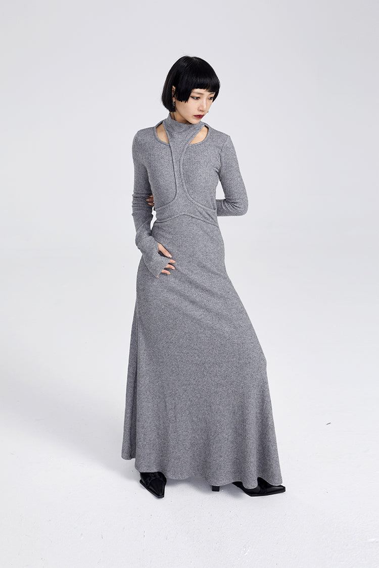 TINYIN slim swing maxi knit dress with cut-out stitching -KOKO