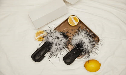 B-FEI feather slippers mid-heel color-blocked women's sandals-UCHIS.