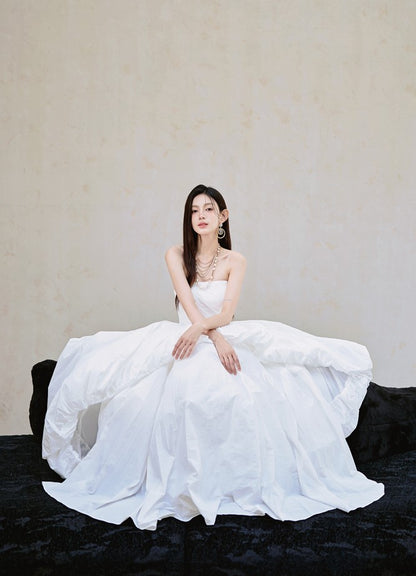 DOLLY Elegant White Tube Top Long Puffy High Waist Wedding Dress-GRACE  (V)