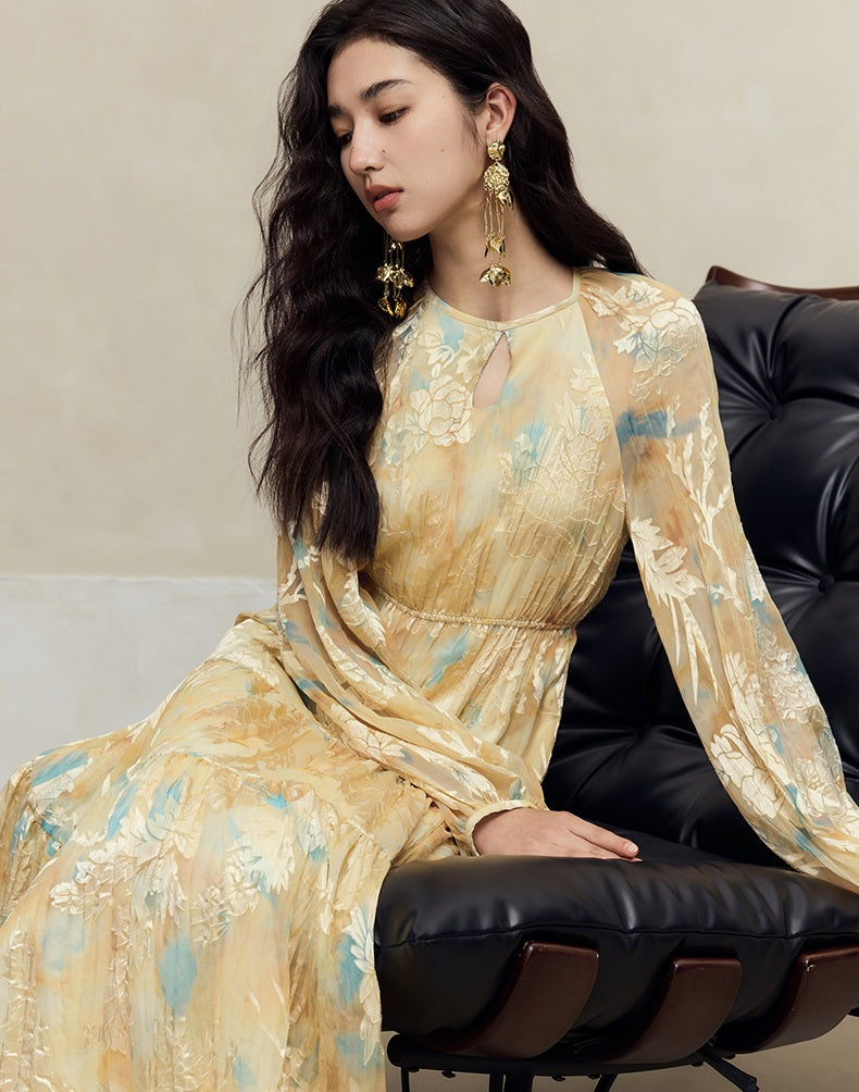 HECO silk peony burnt flower pendulum long-sleeved dress women - healer.