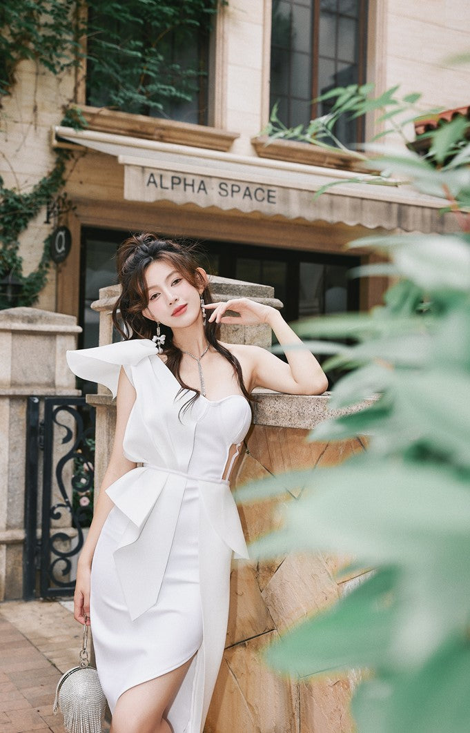 DOLLY Elegant Ruffled Off Shoulder Hollow Waist Irregular Hem Dinner Dress-NINA