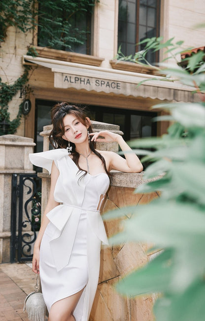 DOLLY Elegant Ruffled Off Shoulder Hollow Waist Irregular Hem Dinner Dress-NINA