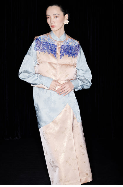 M essential Mackay designer seawater river cliff tassel beaded vest shirt skirt set- six.