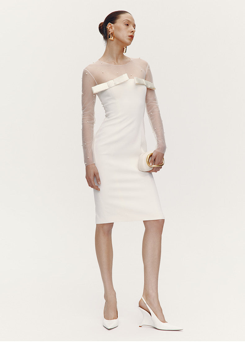 ATELIER MISS LU Fall/Winter Pearl Stitched Bow Waist Dress - HAILEY