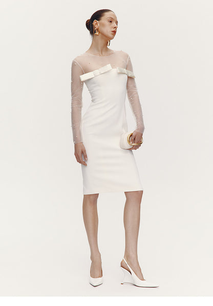 ATELIER MISS LU Fall/Winter Pearl Stitched Bow Waist Dress - HAILEY