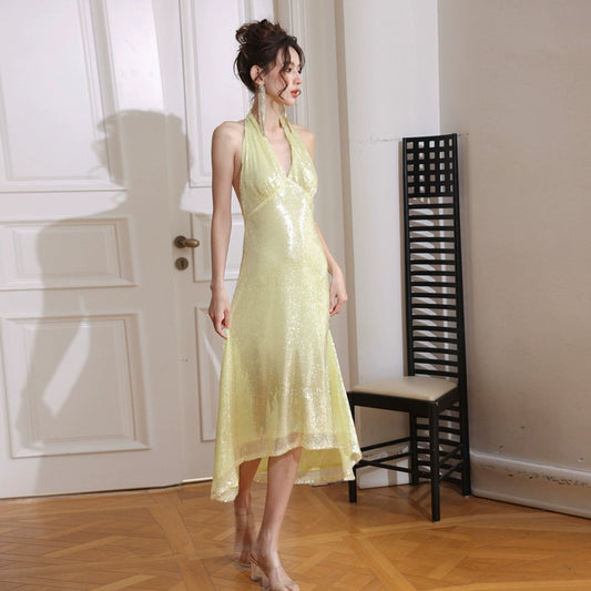 DOLLY Luxury Lemon Yellow Sequin Halter Neck Backless Short Birthday Dress-NELLIE