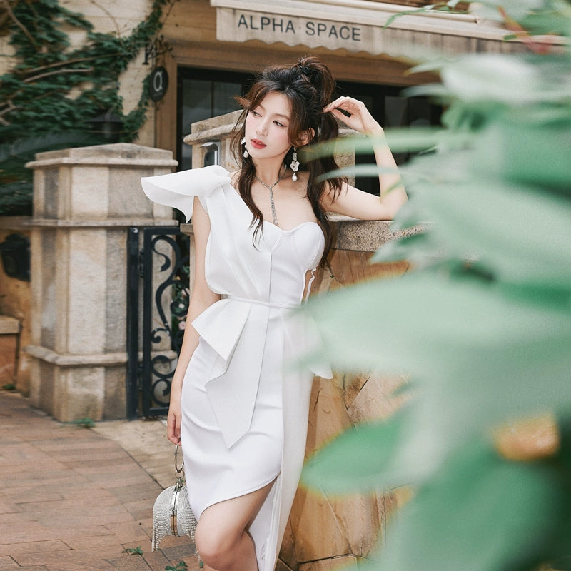 DOLLY Elegant Ruffled Off Shoulder Hollow Waist Irregular Hem Dinner Dress-NINA