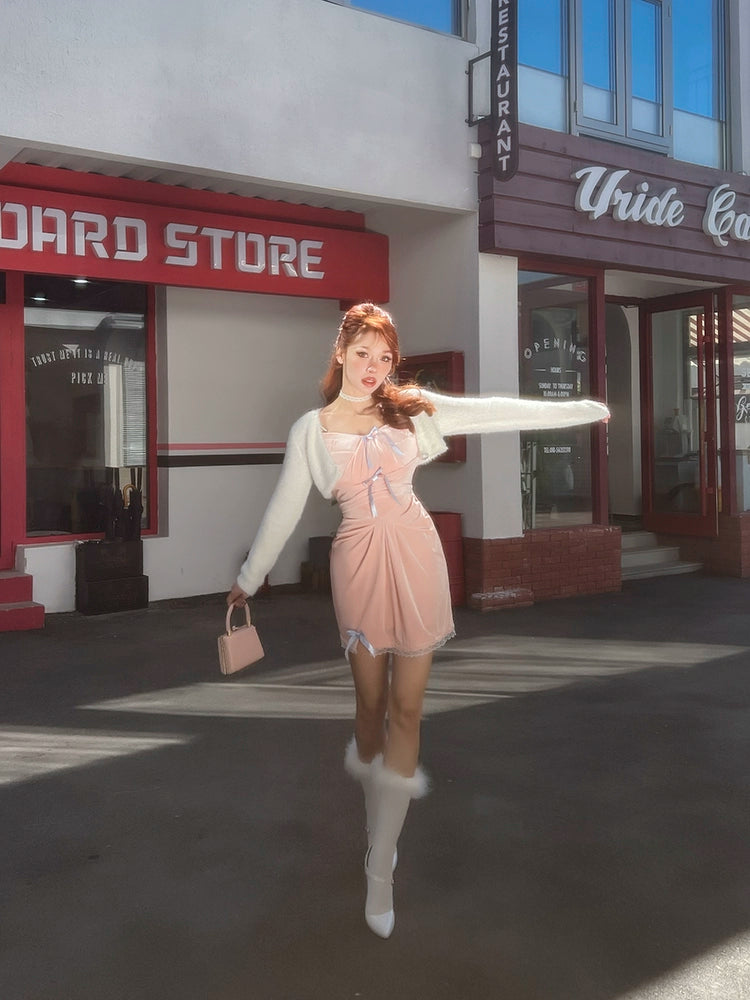 Le Palais Vintage Original Autumn  Pink Velvet Strapless Midi Cocktail Dress-Vera