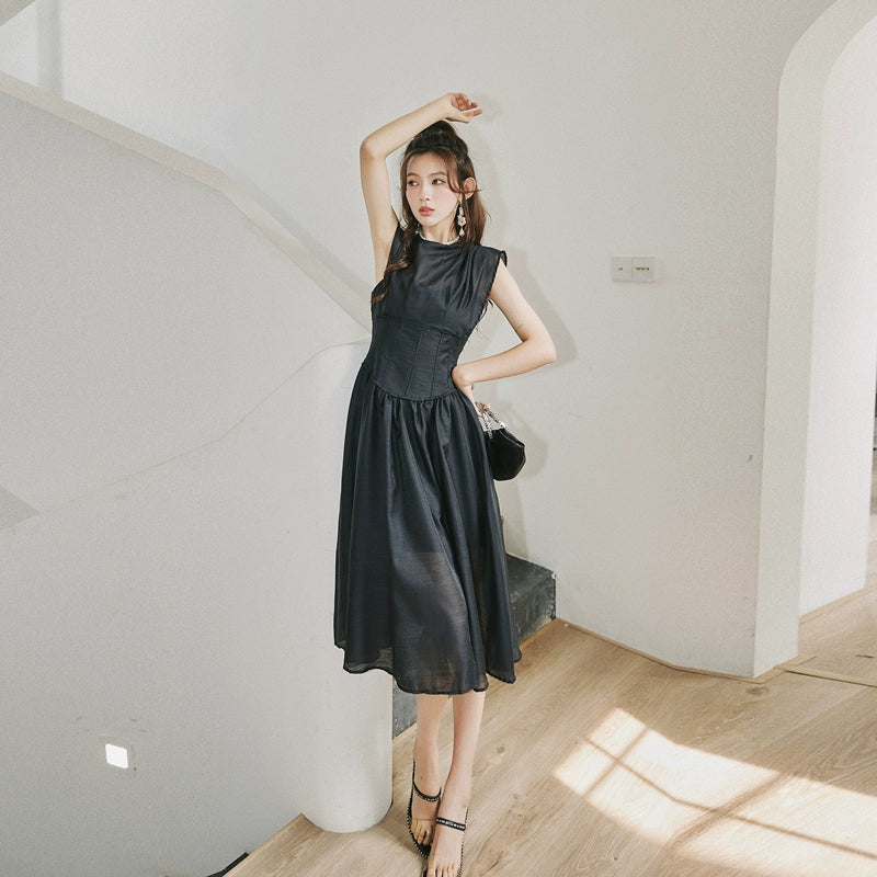 DOLLY High End Black Retro Flying Sleeve Pleated High Waist Midi Office Dress-BRANCA