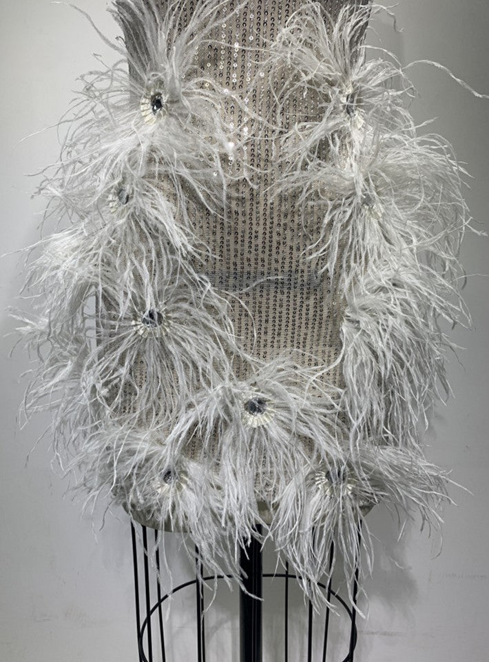 DOLLY Luxury Sliver V-Neck Sleeveless Beaded Sequin Feather Short Dress-JULIA