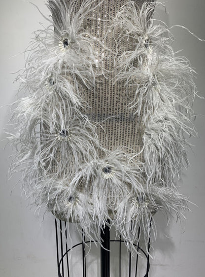 DOLLY Luxury Sliver V-Neck Sleeveless Beaded Sequin Feather Short Dress-JULIA