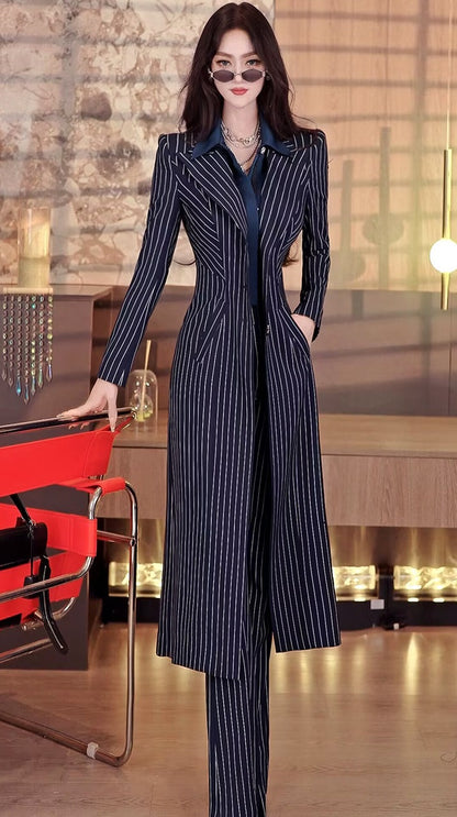 VJE Striped Trench Coat Flared Pants Two-Piece Set-NICH.