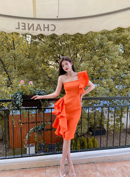 DOLLY Elegant Off Shoulder Ruffle Slim Fit Midi Wedding Guest Dress-JADE