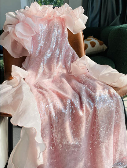 DOLLY Elegant White Off Shoulder Sequin Ruffled Tube Top Banquet Dress-ALICIA