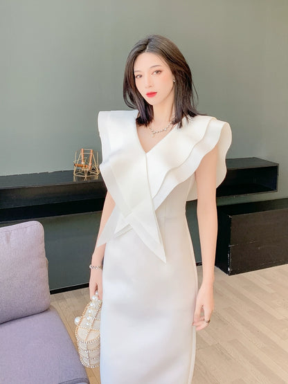 DOLLY Elegant White V-Neck Flying Ruffle Sleeve Slim Fit Long Goddess Dress-CLAUDIA