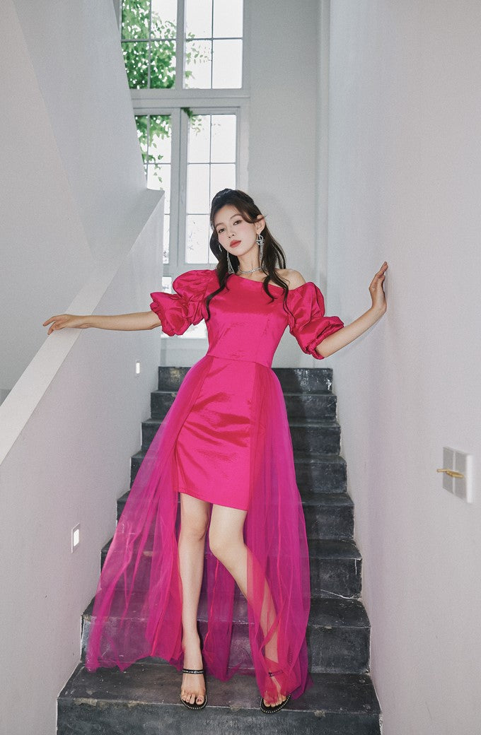 DOLLY Elegant Dark Green Retro Style Slant Collar Short Puff Sleeve Short Banquet Dress-CHITAH